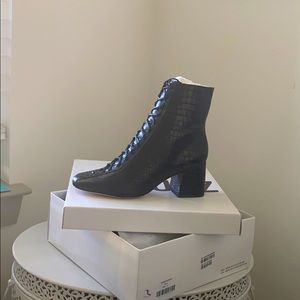 Schutz New Kika Embossed-Croc Leather Booties